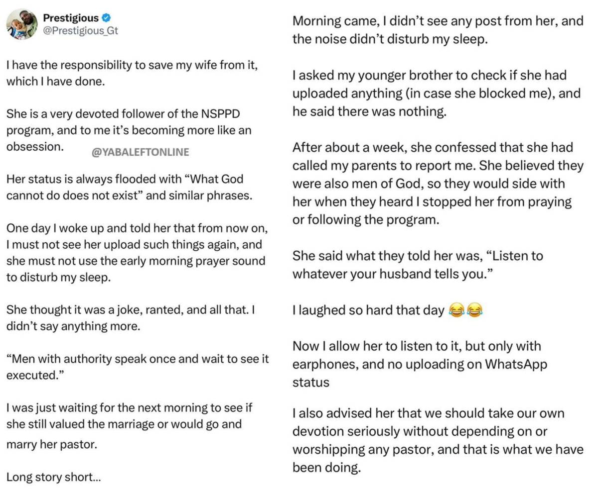 Man shares how he handled his wife's devotion to popular prayer platform, NSPPD.
