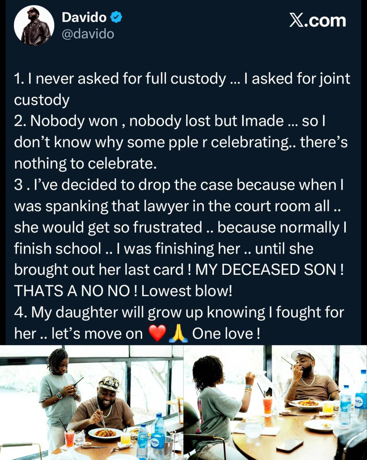 Davido says he fought for his daughter Imade’s future as he announces decision to end court case.