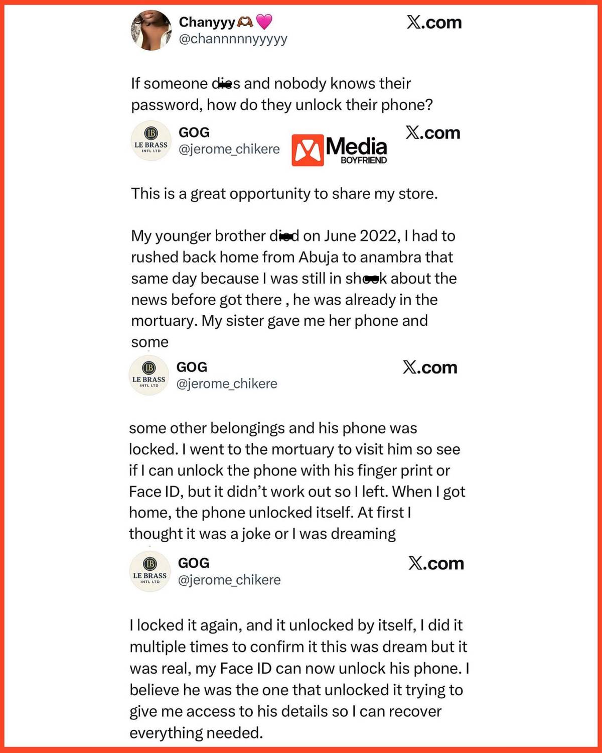 Man shares story of how he was able to unlock his deceased brother’s phone after he passsed away wit...