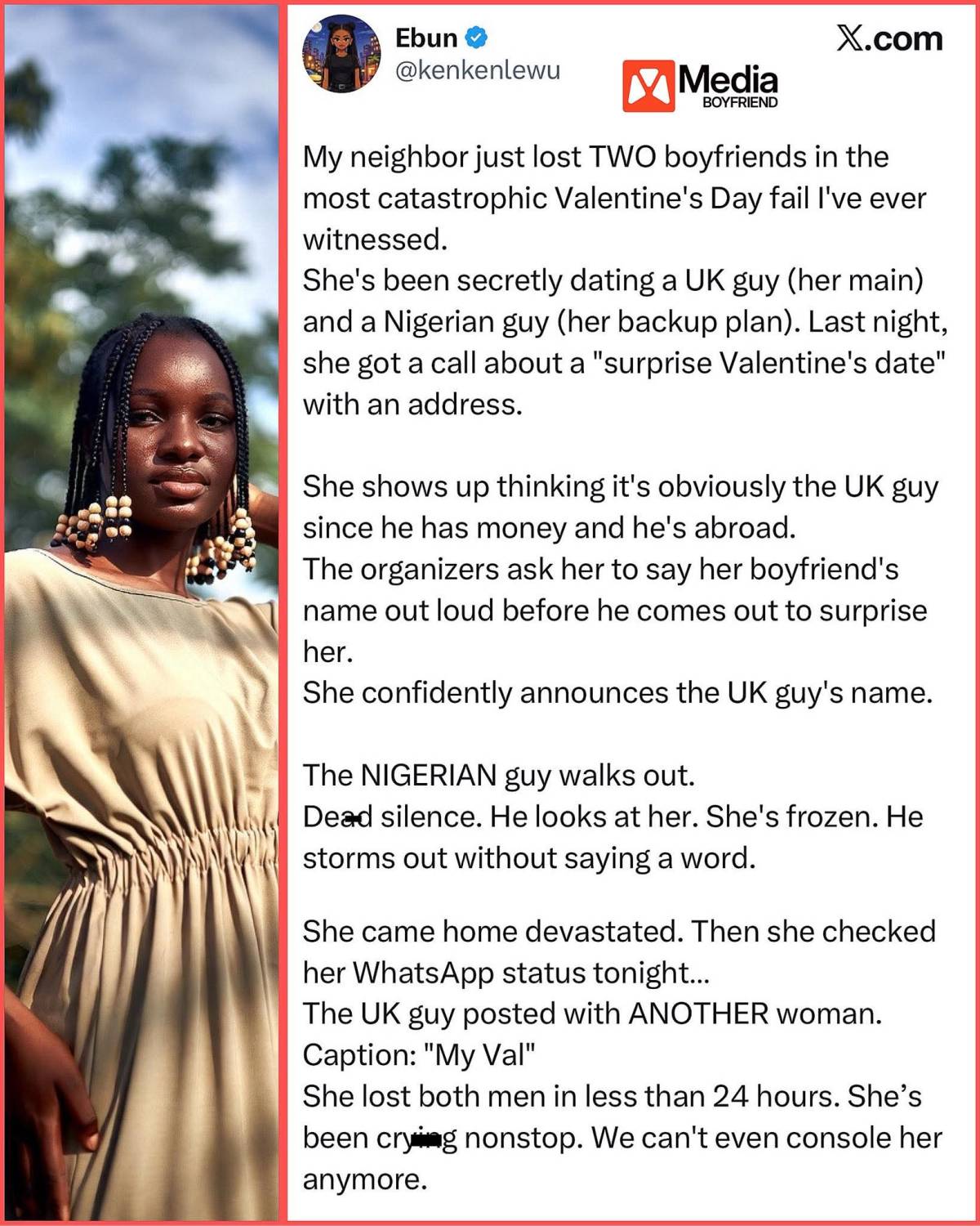 Lady talks about how her neighbor lost two of her boyfriends yesterday after she failed to name who...