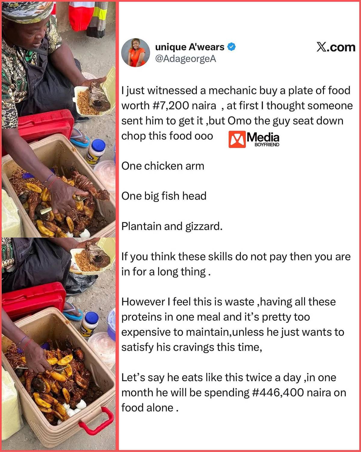 Lady talks about how she saw a mechanic buy food worth N7200 and finished it at once