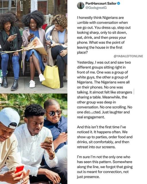 X-user reacts to how Nigerians dress up and go out, only to be glued to their phones