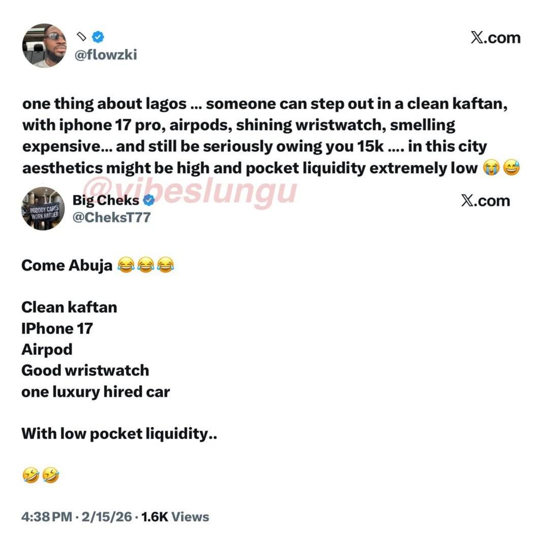 Lagos: Drip 100%, liquidity 5% ππ
Clean kaftan, iPhone 17 Pro, AirPods, luxury ride⦠but still o...