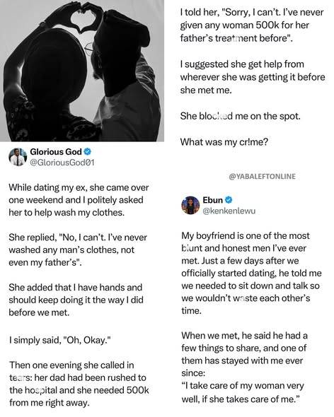 Man refus3s to assist with his girlfriend's father's medical bills because she declined to wash his...