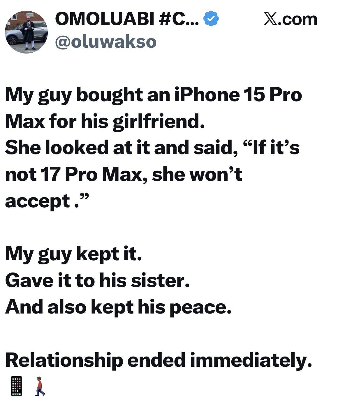 He bought an iPhone 15 Pro Max, but she wanted a 17Pro Max.
Bro kept his peace, and the relationshi...