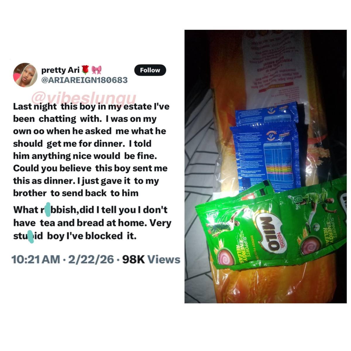 She said “anything nice for dinner”…
Oga delivered bread and Milo 😭🍞
Effort: 5/10
Creativity: 0/1...
