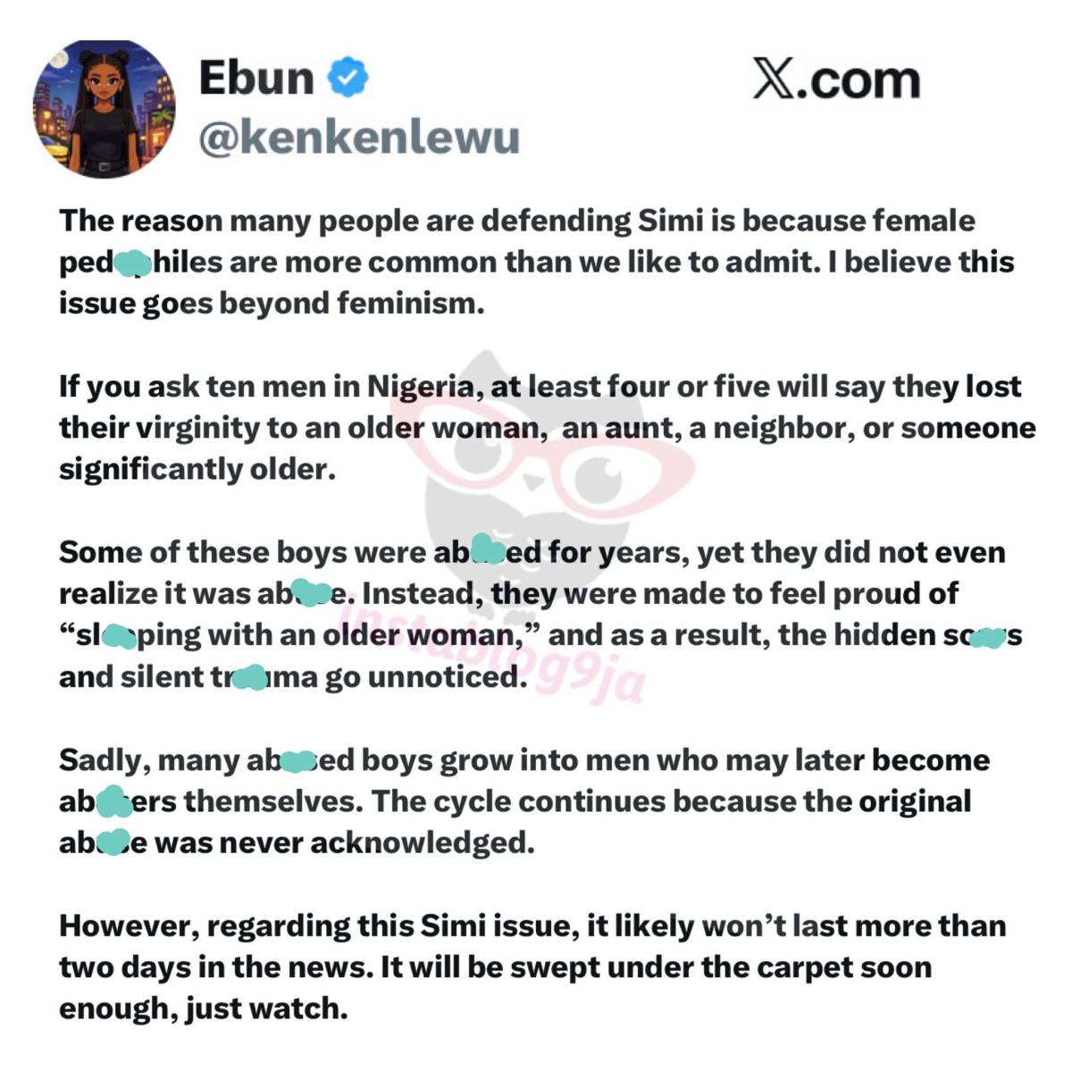 Media personality Ebun raises concern over female ped+philia amid backlash surrounding Simi