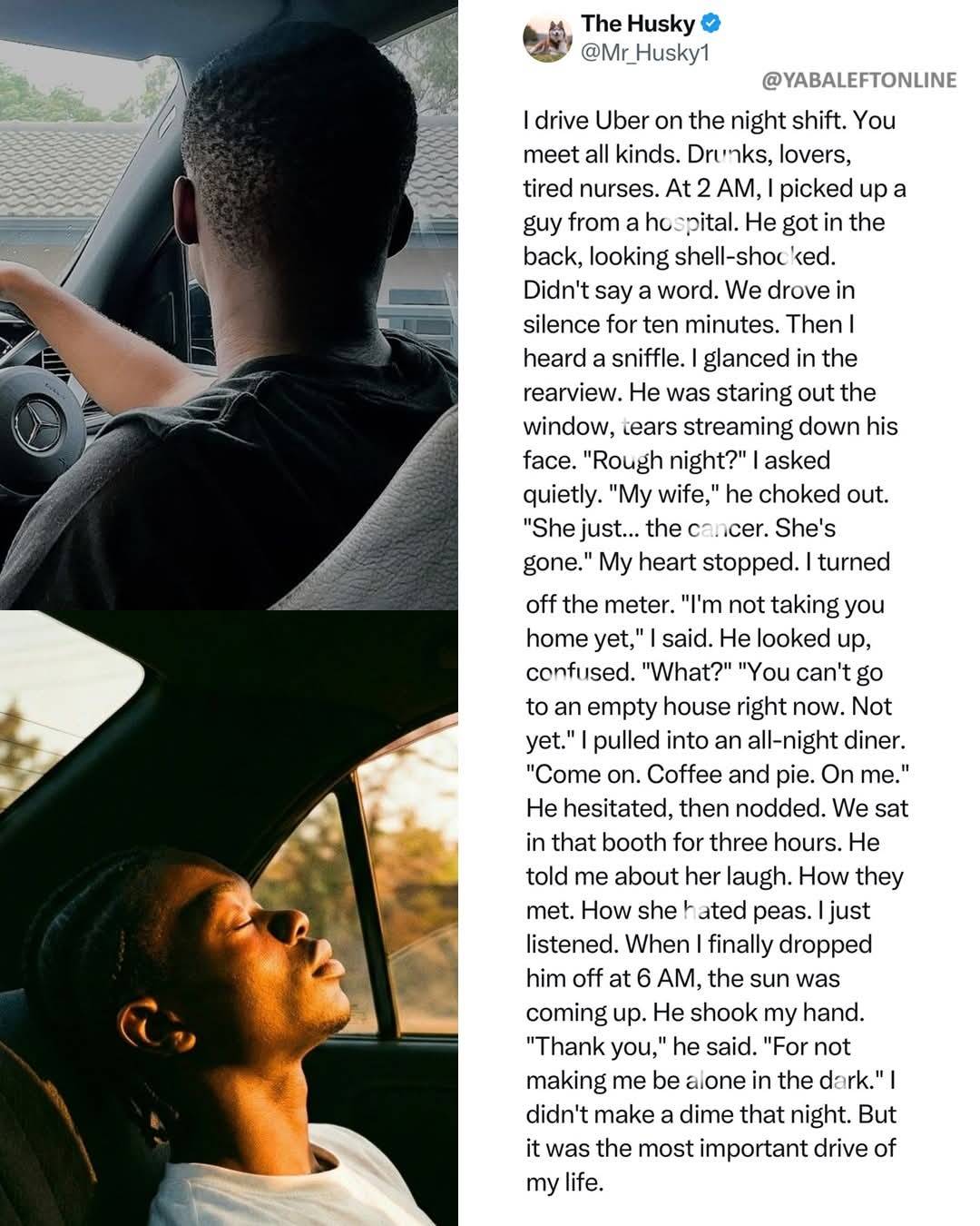 Uber driver shares what he did after a passenger started crying