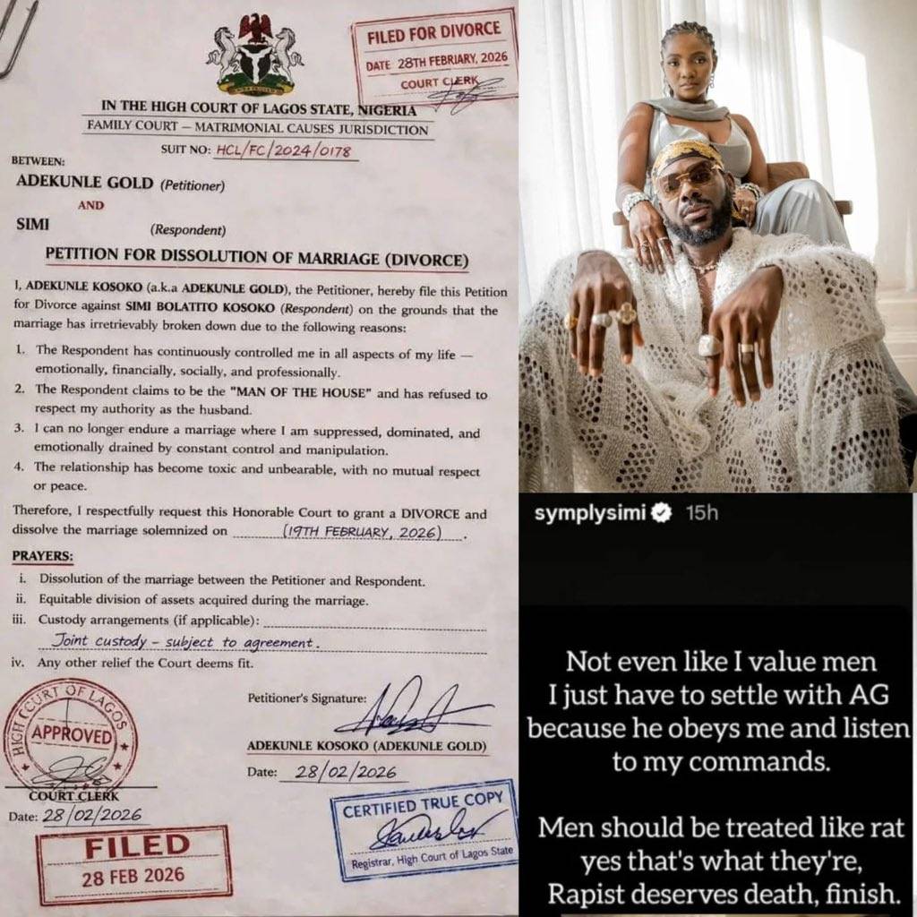 Adekunle filed for a divorce against his wife, Simi, just a few days after her tweet, which stated t...