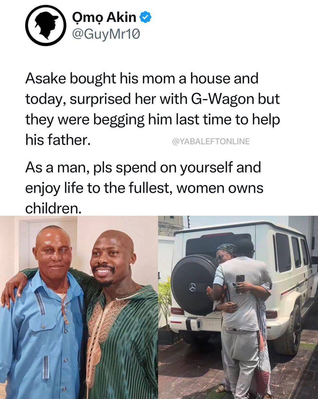 X user reacts to Asake's G-Wagon purchase for his mum.