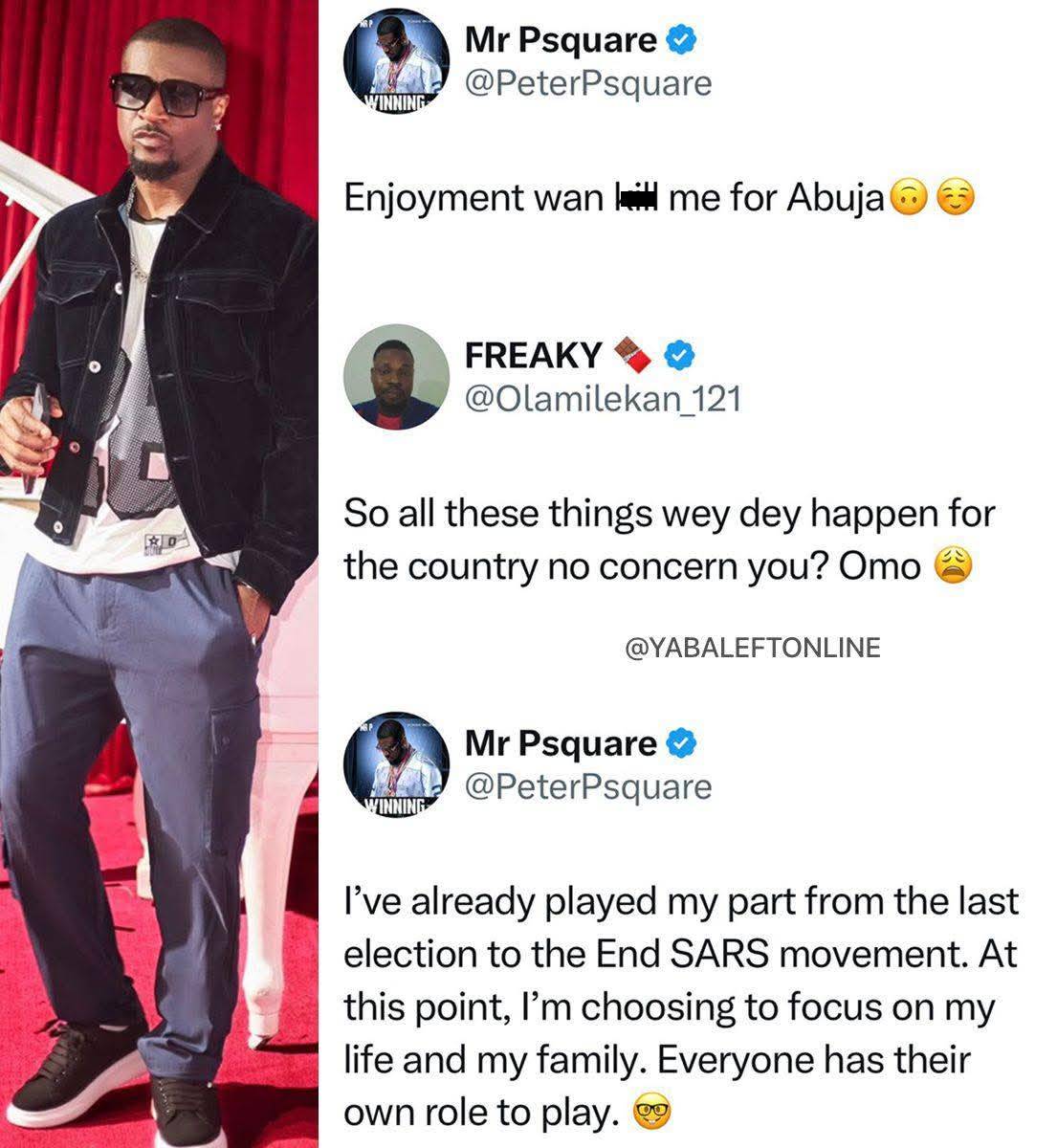 “I’m choosing to focus on my life and my family” — Singer Peter Okoye tells a fan who asked if he is...