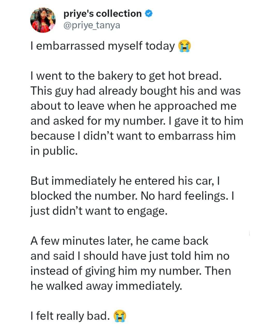 Lady Narrates Embarrassing Experience After Giving a Man Her Number in Public and Blocking Him Minut...