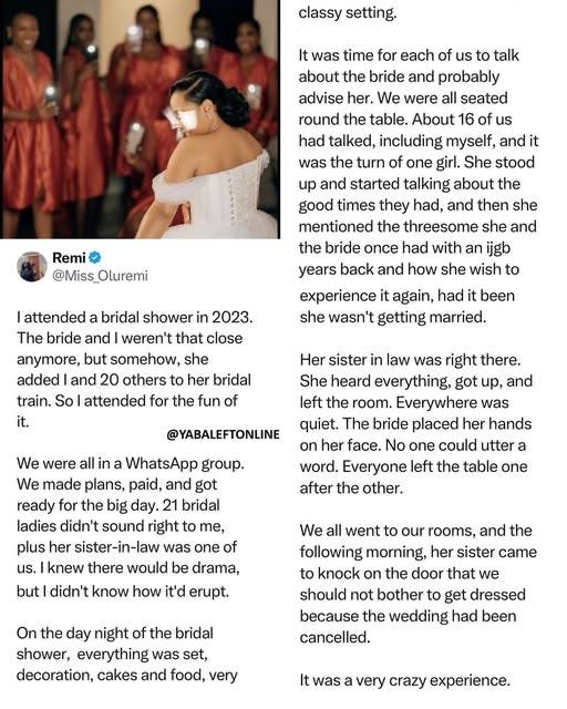 Lady shares how something that was revealed during a bridal shower led to the cancellation of the br...