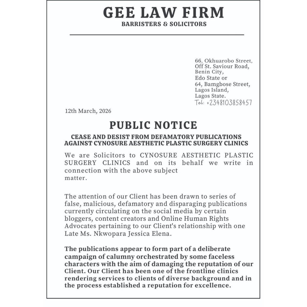 BREAKING ๐จ
Cynosure Aesthetic Plastic Surgery Hospital has officially released a Public Notice thr...