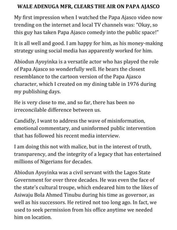 Wale Adenuga clarifies the situation with Papa Ajasco being broke and begging for help on social med...