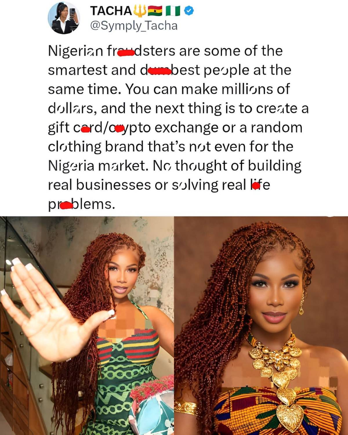 JUSTIN‼️Nigeriän f•••dsters are some of the smartëst and d•••best pe0ple at the same time – Tacha.🗣️