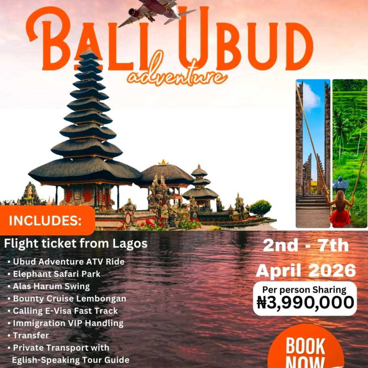 Bali Ubud Adventure includes;
Flight ticket from Lagos
-UBUD ADVENTURE ATV RIDE
-ELEPHANT SAFARI PAR...