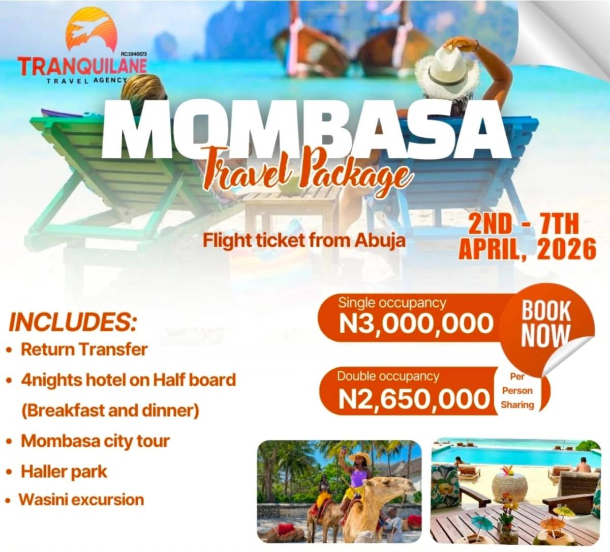 Flight ticket from Abuja
Return transfer
Four night hotel on half board ( Breakfast and Dinner)
Momb...