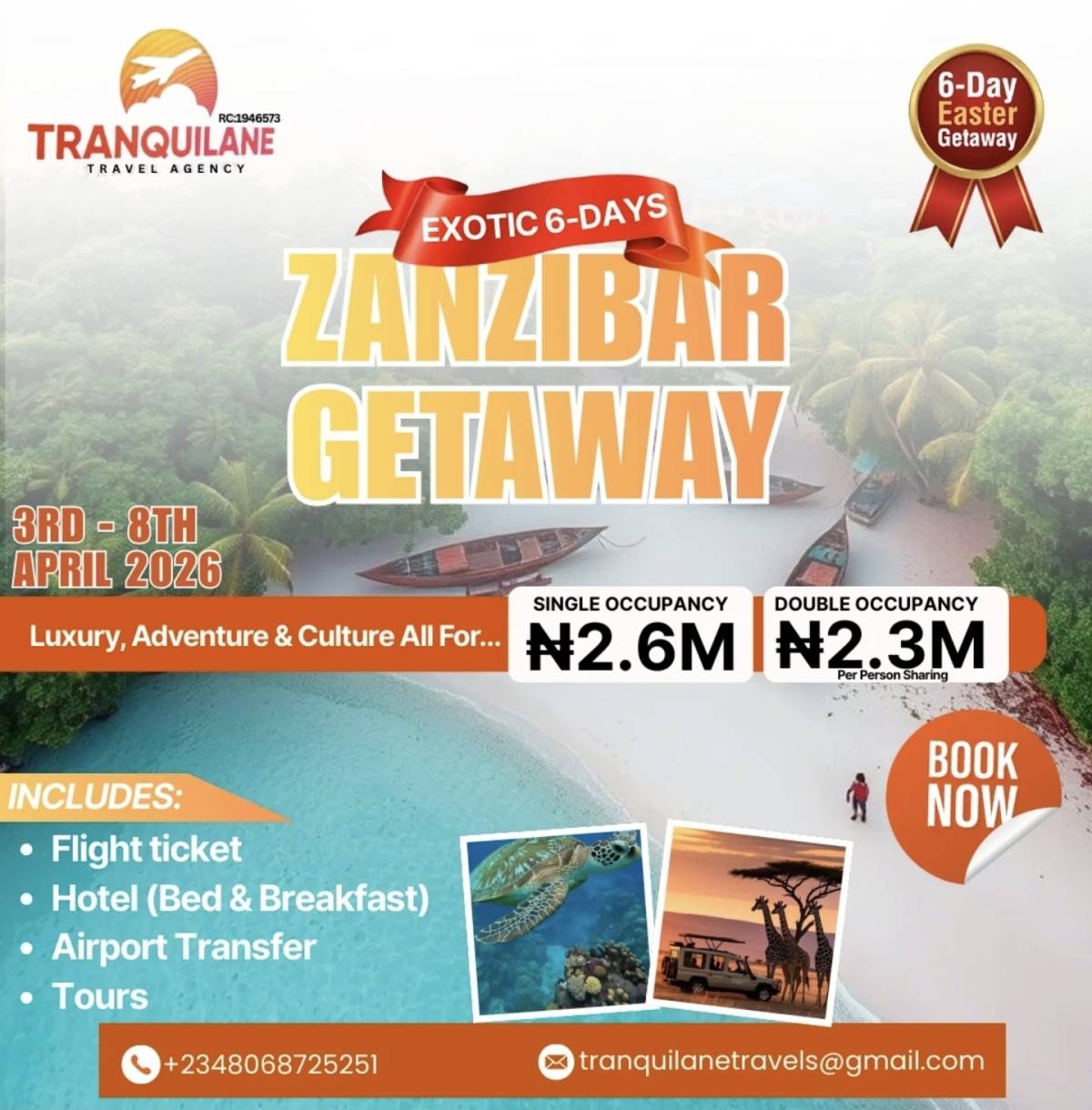 Zanzibar Travel Package
3rd April to 8th April
Flight ticket
Hotel
Airport transfer
Tours
Single...