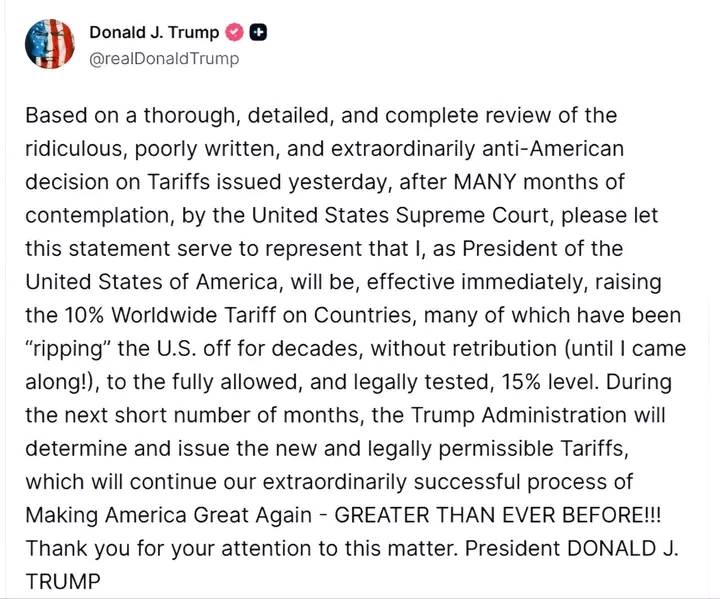 ⚡️ Trump announced he will immediately increase the global tariff rate from 10% to 15%
Me: This ma...