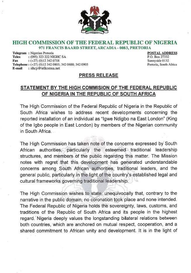 BREAKING NEWS: The Nigerian 🇳🇬High Commission in Pretoria has issued an official statement addressin...