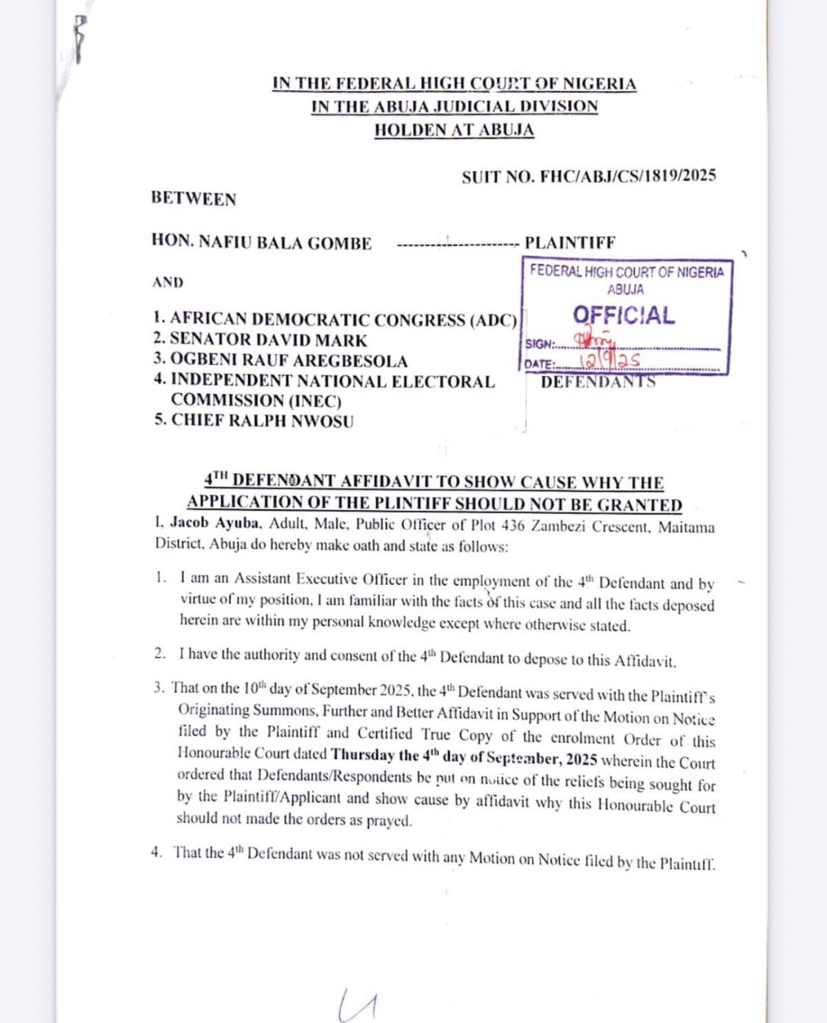 BREAKING: ADC has released INEC’s affidavit dated 12 September 2025 that affirmed David Mark led NWC...