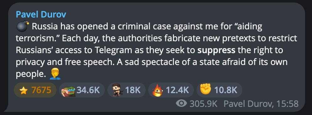 ⚡️ Pavel Durov said that a criminal case has been opened against him in Russia on charges of “aidin...