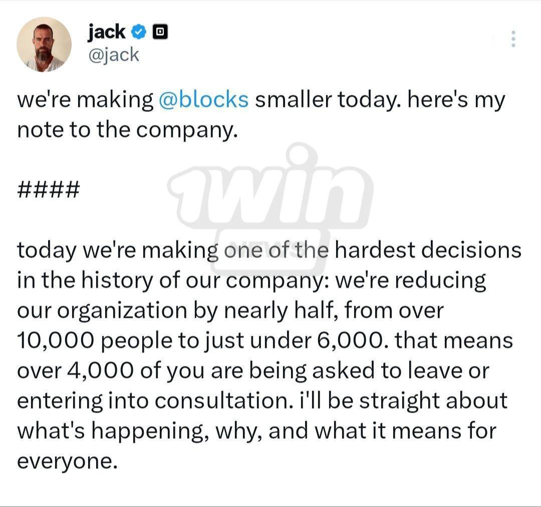 Jack Dorsey, CEO of Block Inc., is laying off 4,000 employees due to major AI efficiency gains, not...