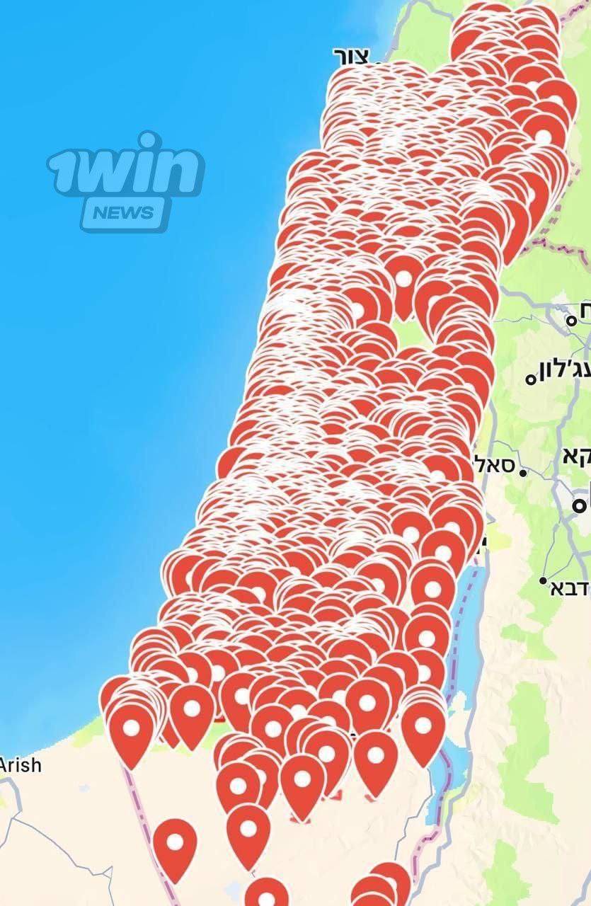 Air raid siren map in Israel looks like this
The map shows red alert zones across many regions, ind...