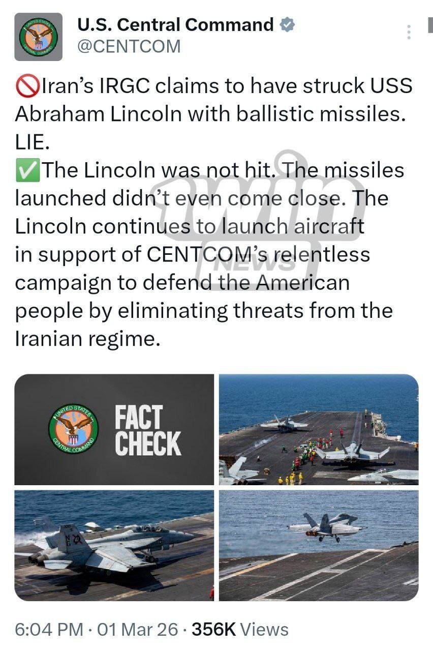 U.S. Central Command denies IRGC's claim of strike on aircraft carrier Abraham Lincoln
The post emp...