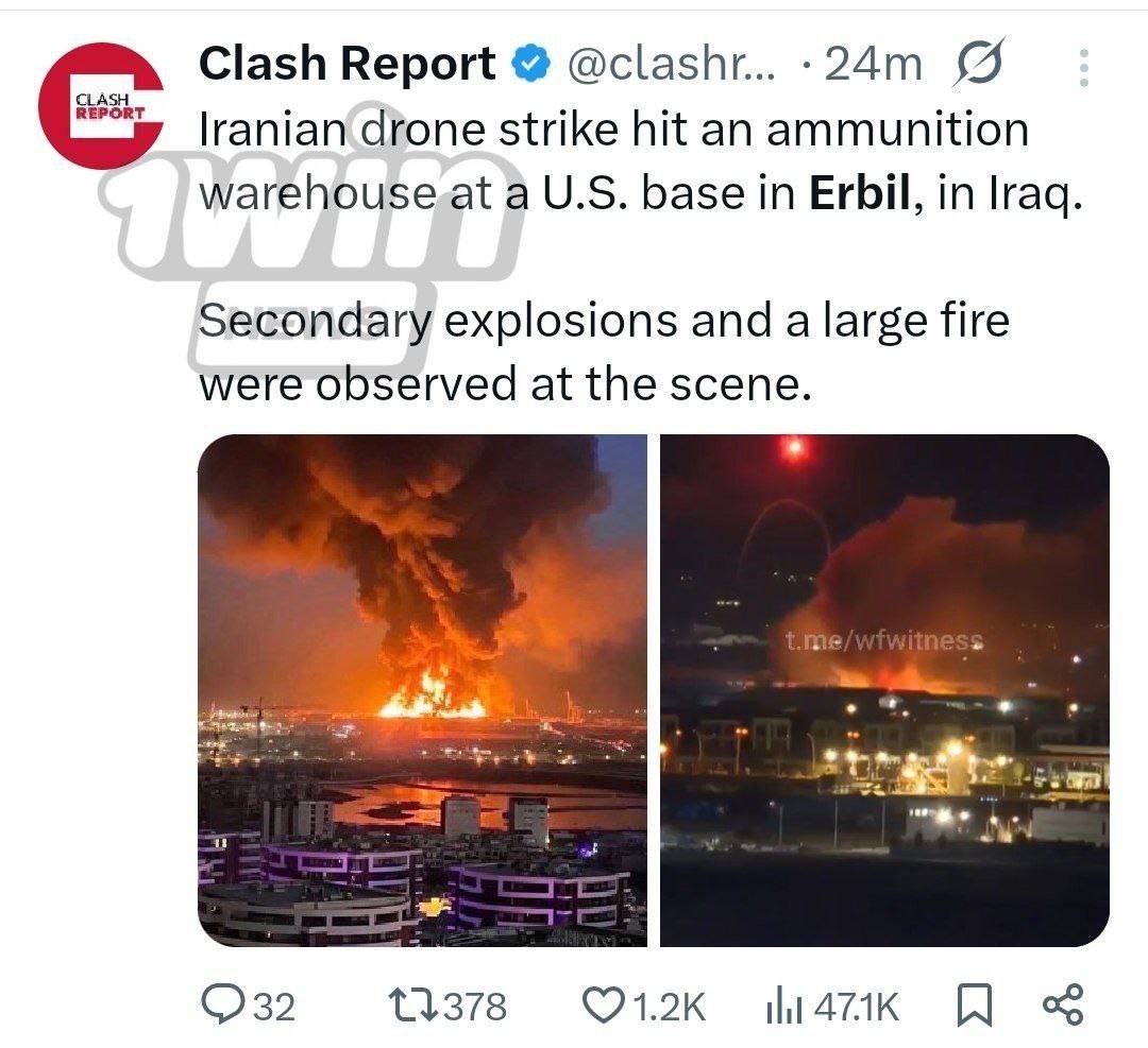 Iranian drone hits ammunition warehouse at U.S. base in Erbil, Iraq
Secondary explosions occurred a...