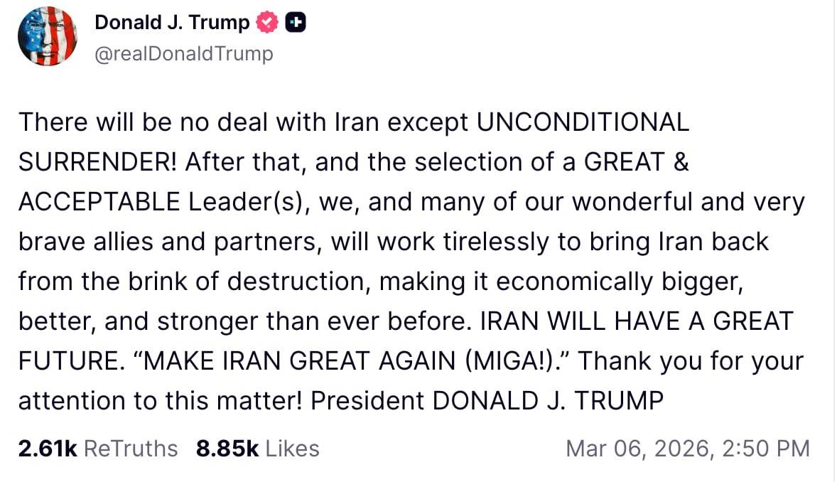 ⚡️ Trump has canceled all peace talks and says the Iranian government must give up completely to en...