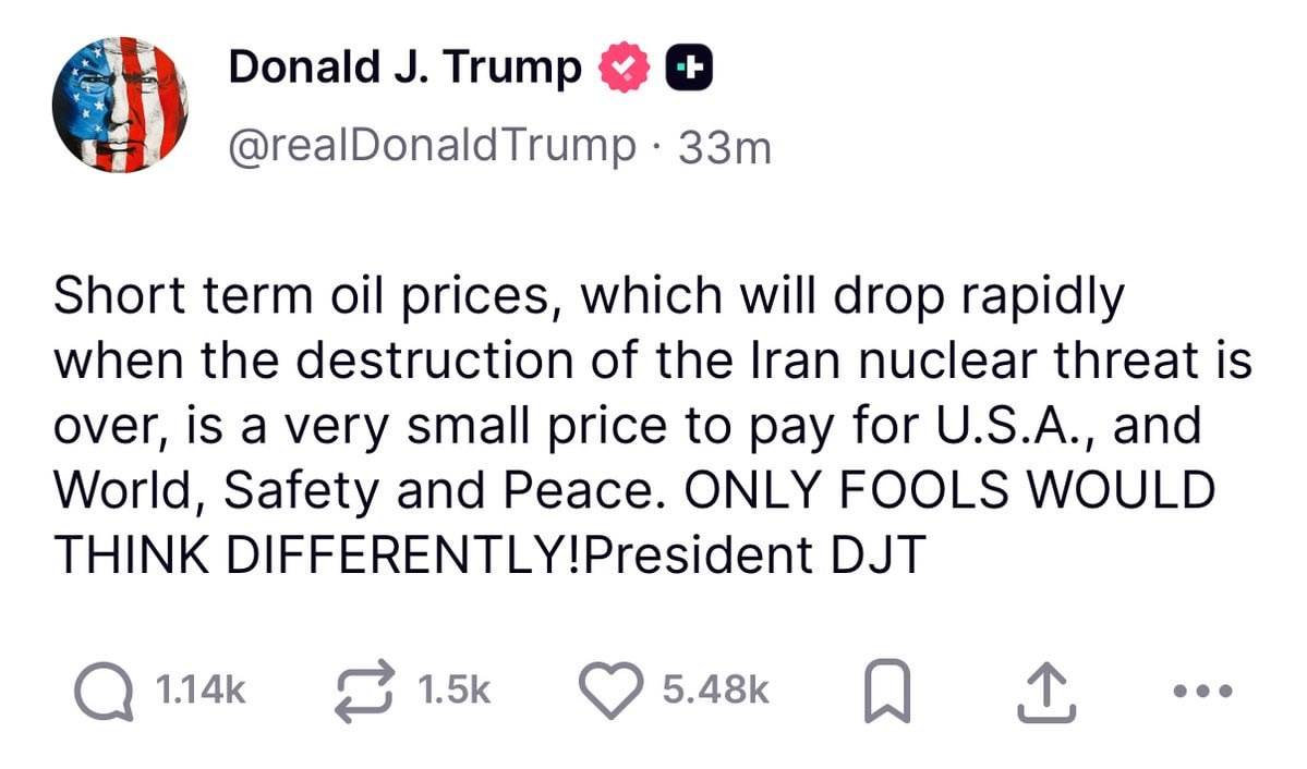 ๐ฅ Trump says rising oil prices are a 'small price to pay' and will drop once the Iran nuclear threa...