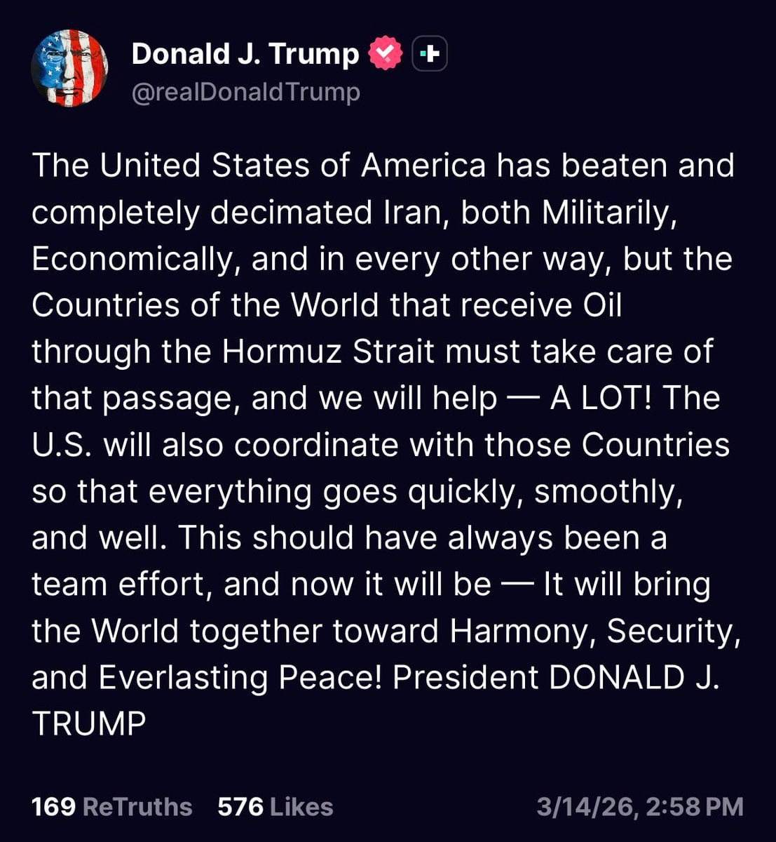 ⚡️ JUST IN: President Trump says the US “will help a lot” in getting oil through the Strait of Horm...