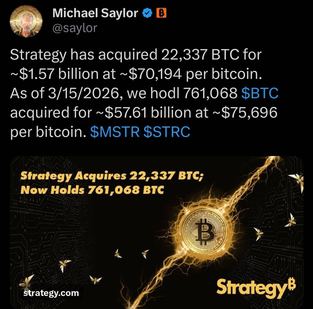 🪙 Strategy has acquired 22,337 BTC for ~$1.57 billion