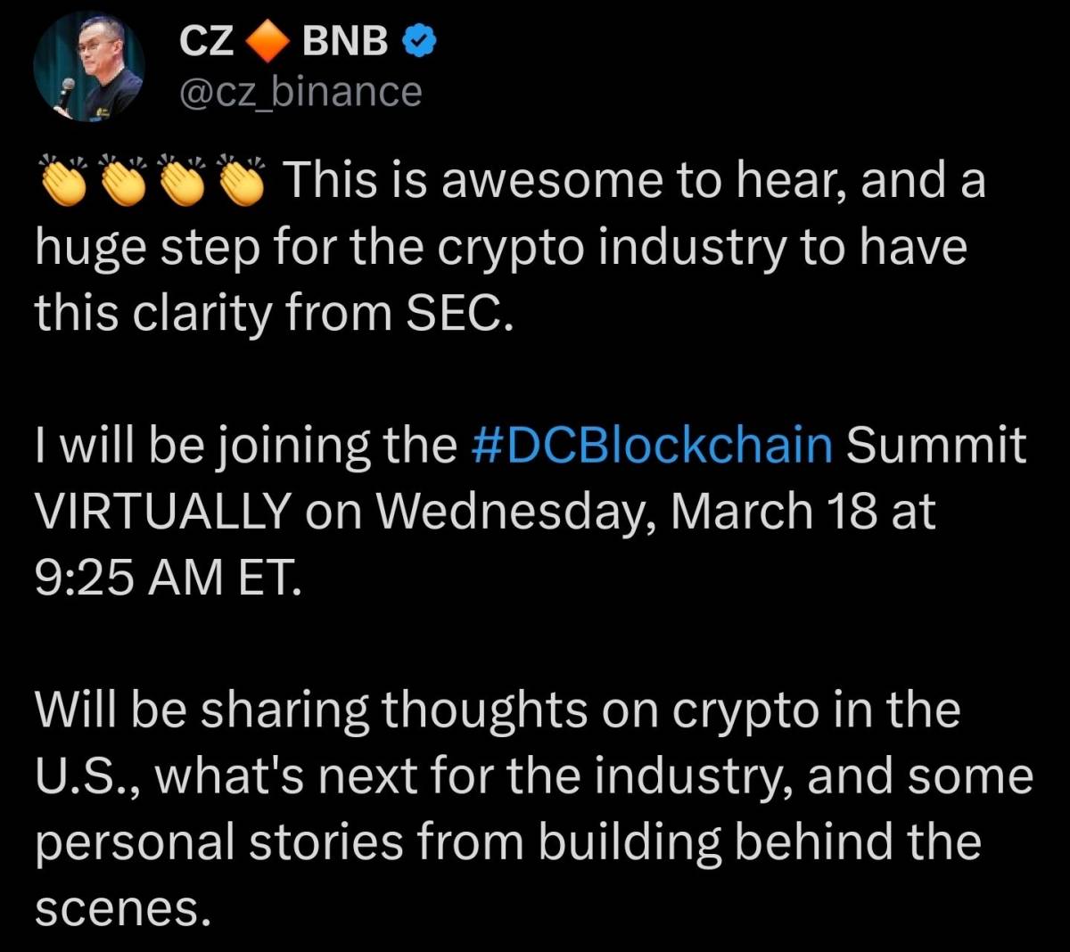 ๐ฃ CZ praises SEC clarity on crypto assets, announces DC Blockchain Summit appearance
๐ Earlier: J...