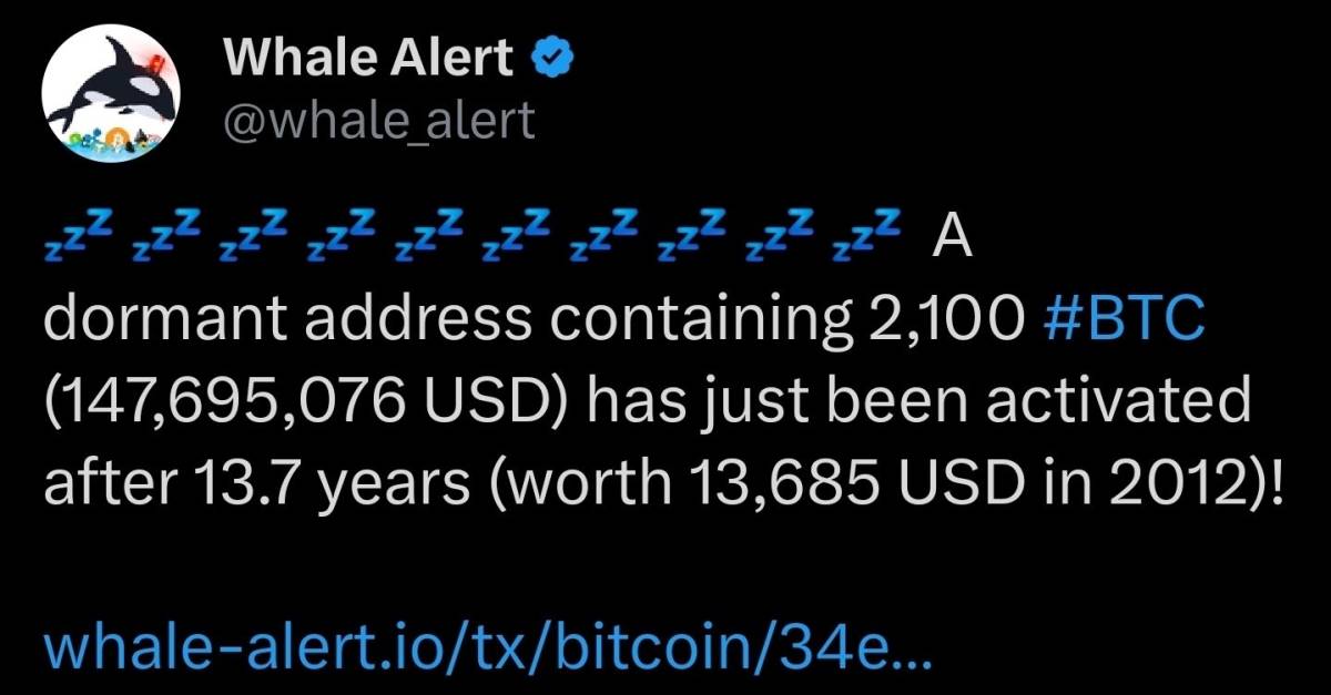 ๐ช Whale Alert: A dormant address containing 2,100 BTC has just been activated after 13.7 years
Co...