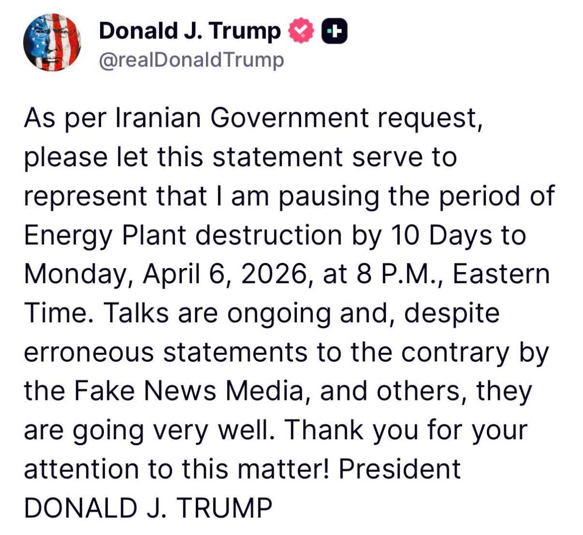 📣 Trump: «I am pausing the period of energy plant destruction by 10 days, until Monday, April 6, 20...