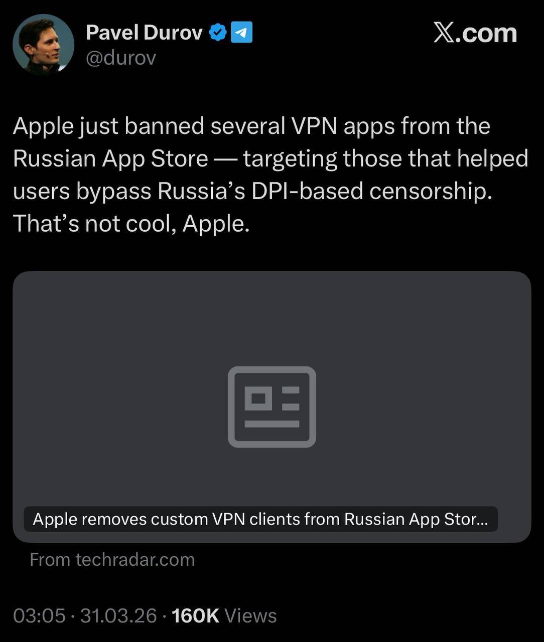 ⚡️ Pavel Durov criticized Apple for removing VPN apps from the Russian App Store