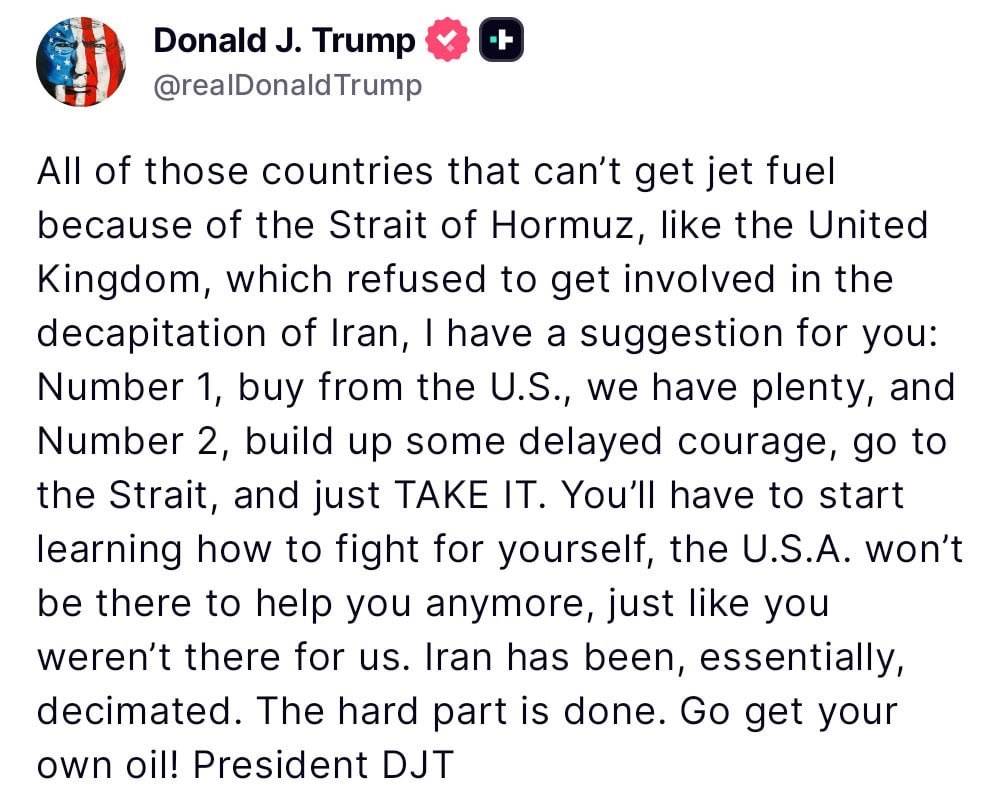 🔥 Trump tells countries to “go to the Strait and just take it”
A possible signal that the US is wi...