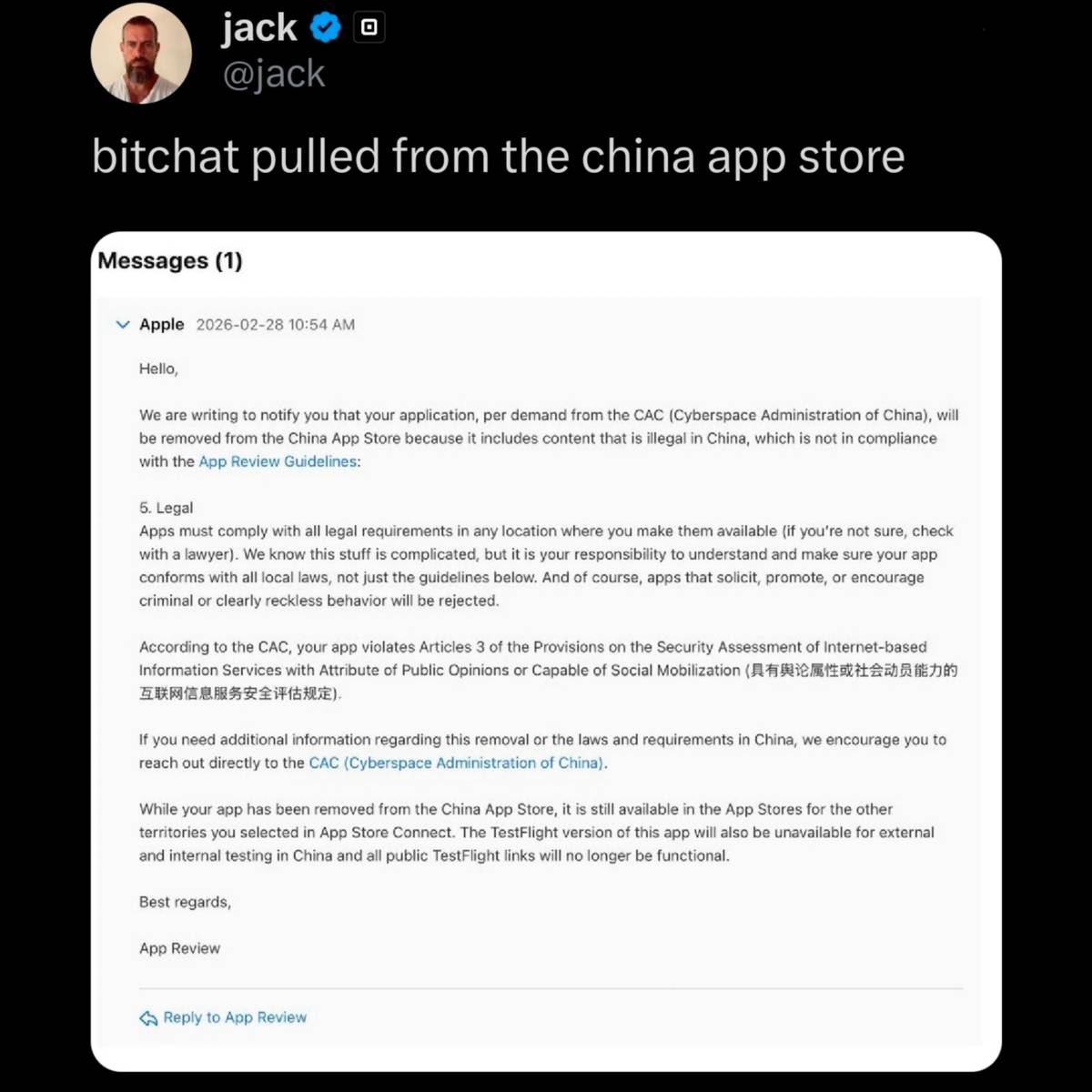 ⚡️ Chinese regulators have ordered Apple to remove Jack Dorsey's Bitchat from its China App Store...