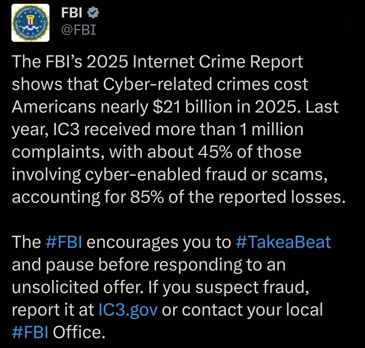 ⚠️ FBI Internet Crime Report: $11.4B lost to crypto scams in 2025