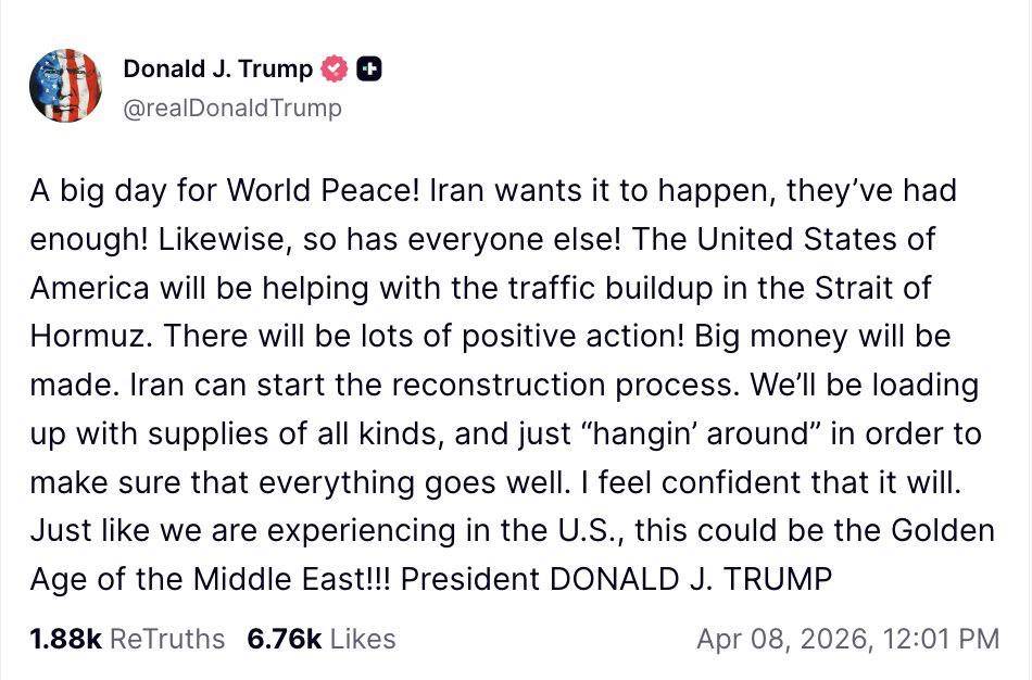 ⚡️ Trump says the US will help manage traffic through the Strait of Hormuz, calling it a "big day f...