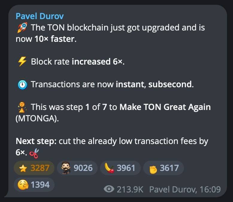 ๐ Pavel Durov also announced plans to reduce TON commission costs by six times