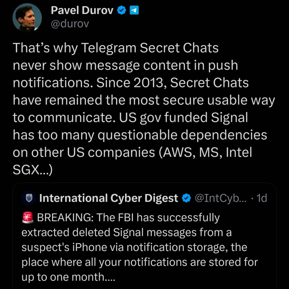 📣 Pavel Durov: "Since 2013, [Telegram] Secret Chats have remained the most secure usable way to com...