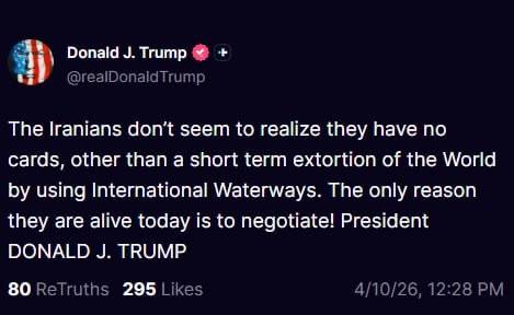 ⚡️ JUST IN: Trump tells Iran that they "have no cards" other than the Strait of Hormuz.