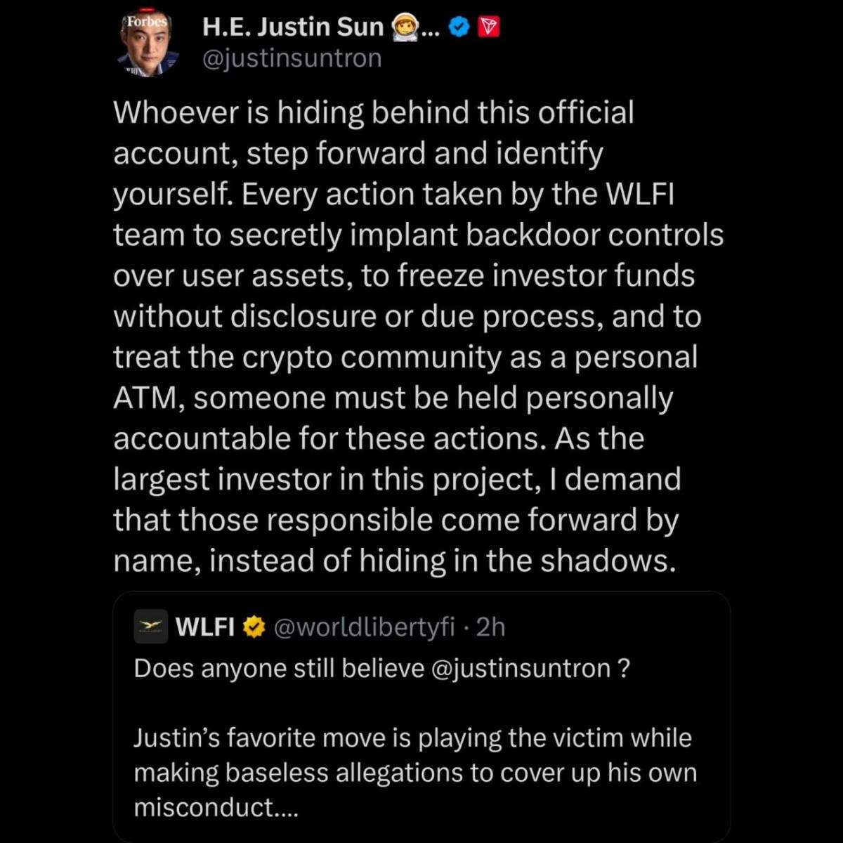 ⚡️ Justin Sun attacks WLFI team
TRON founder accused the World Liberty Financial team of secretl...