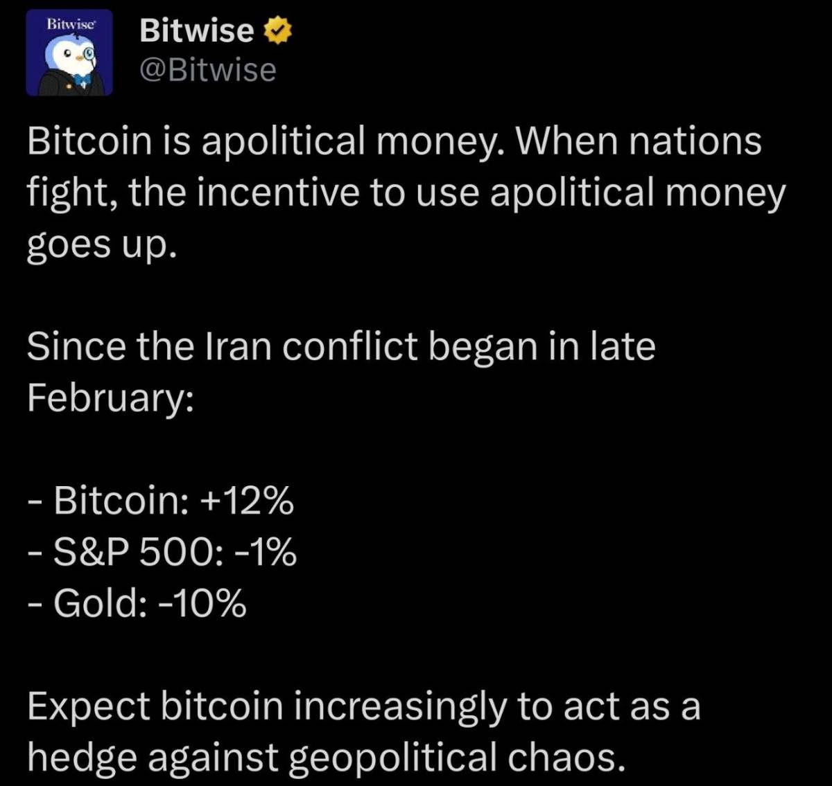 🪙 Bitwise: Bitcoin is apolitical money