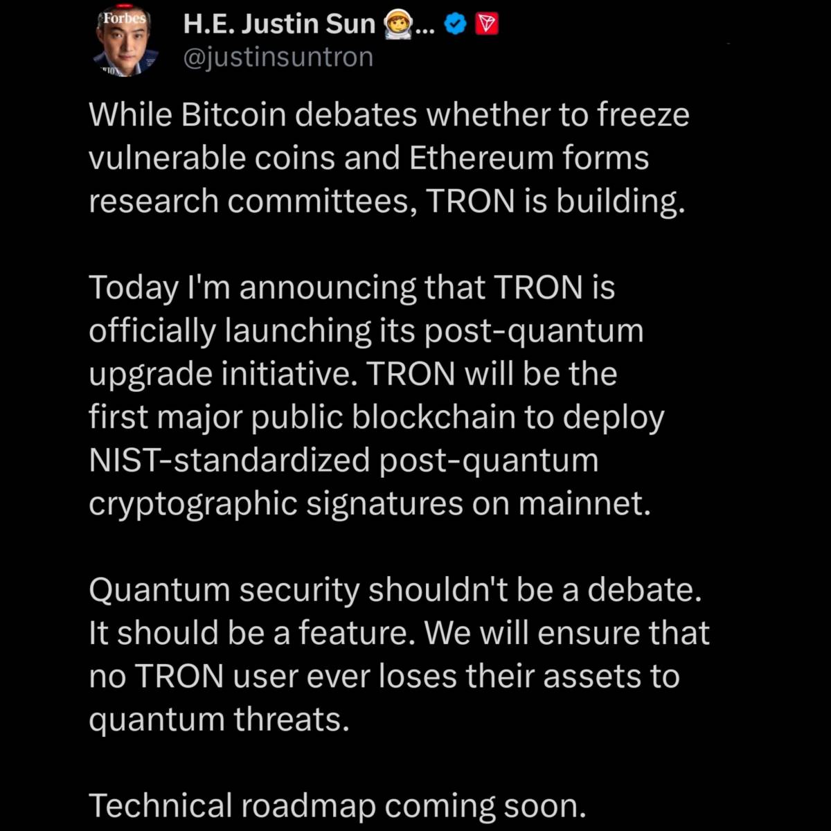 ⚡️ TRON founder announced the official launching TRON post-quantum upgrade initiative