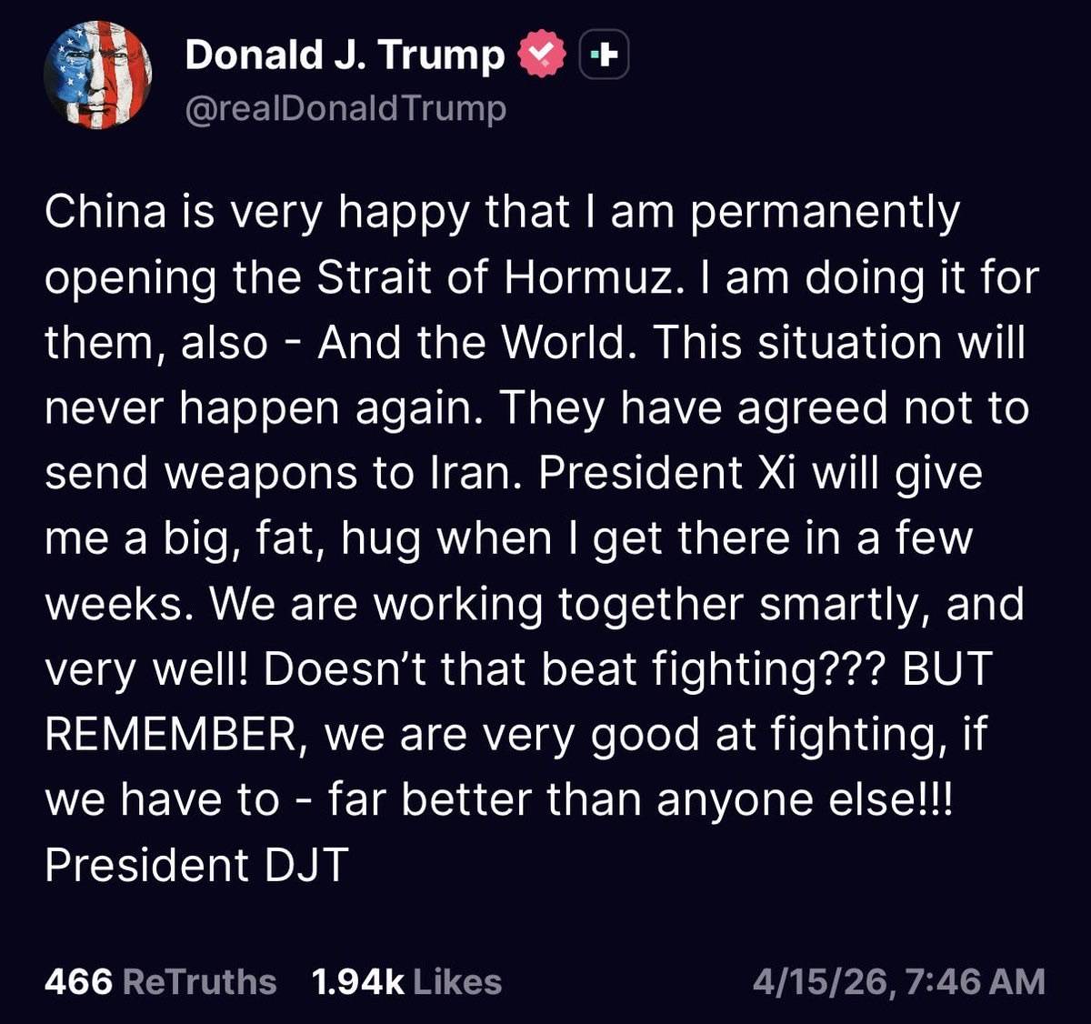 ⚡ JUST IN: Trump says China has agreed not to send weapons to Iran.